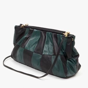 Clare V. Belle Clutch in Black & Deep Sea Patchwork
